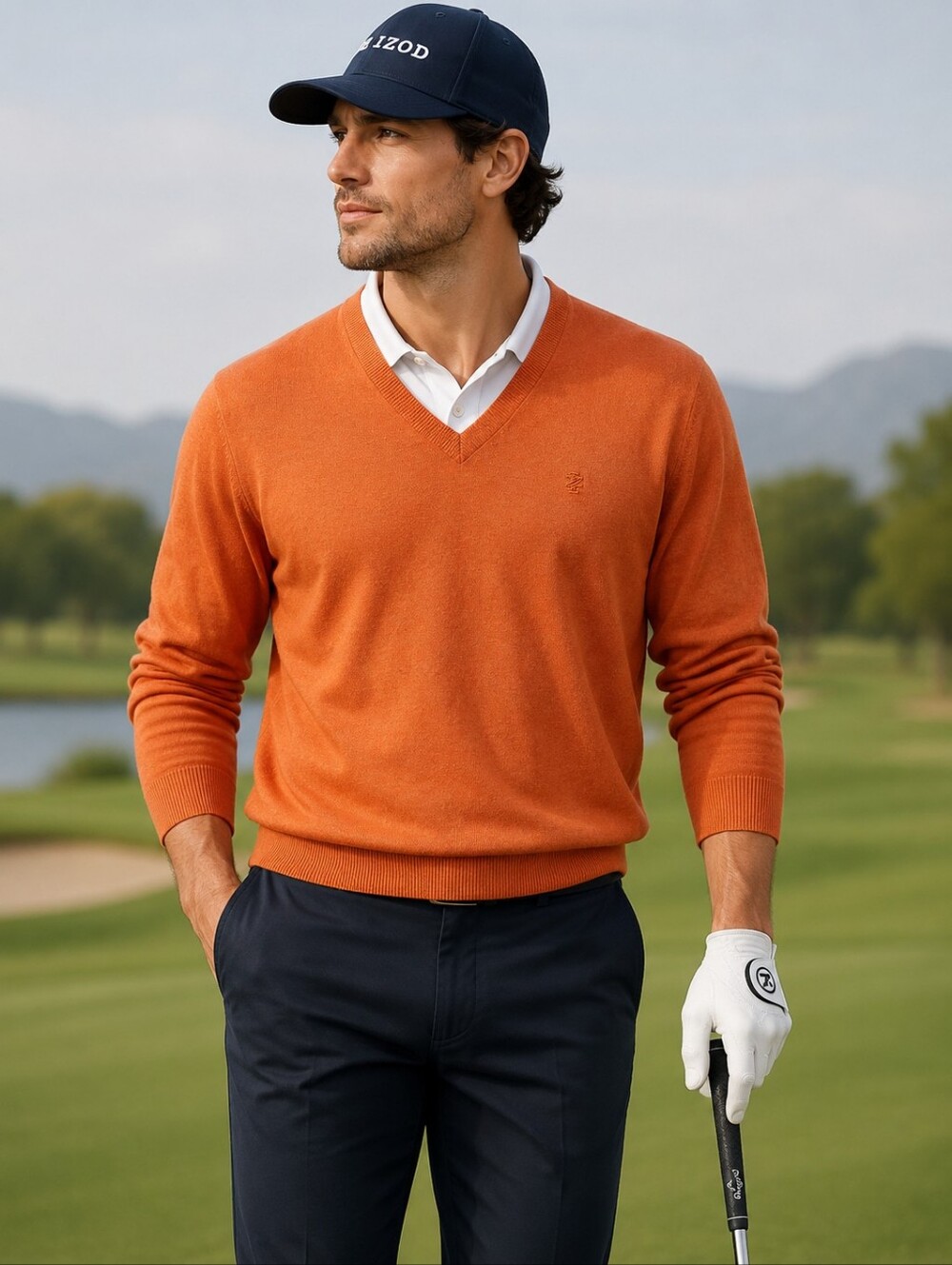Izod Men’s V‑Neck Sweater in Rust Orange